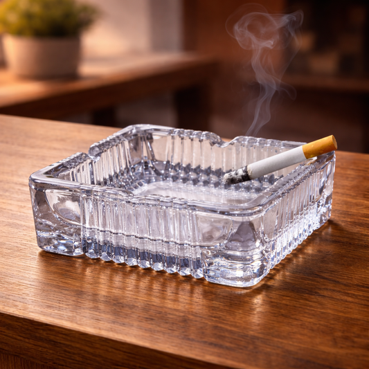 Square crystal glass ashtray by Wukusy with heat-resistant design, ideal for smoking and decorative use.