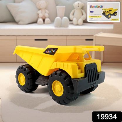 Wukusy Funwoods friction-powered dump truck toy with a red cab and yellow bed, designed for children’s play and outdoor fun.