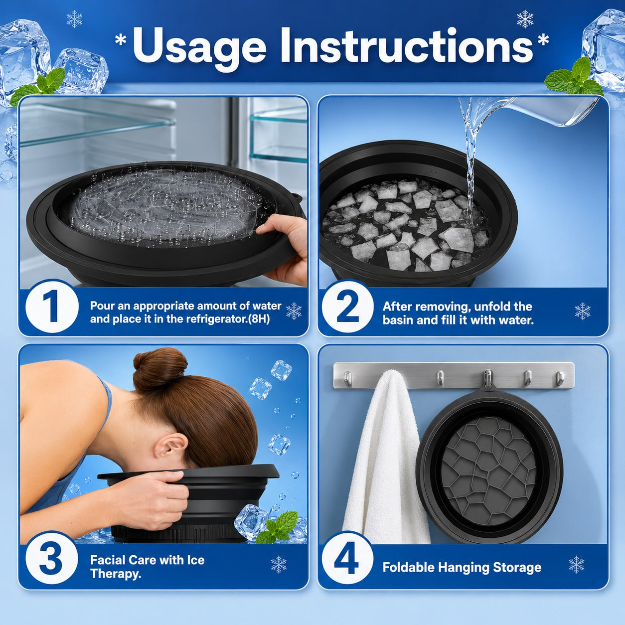 Wukusy collapsible ice bath bowl for facial ice therapy and skin care, flexible and portable for cooling treatments.