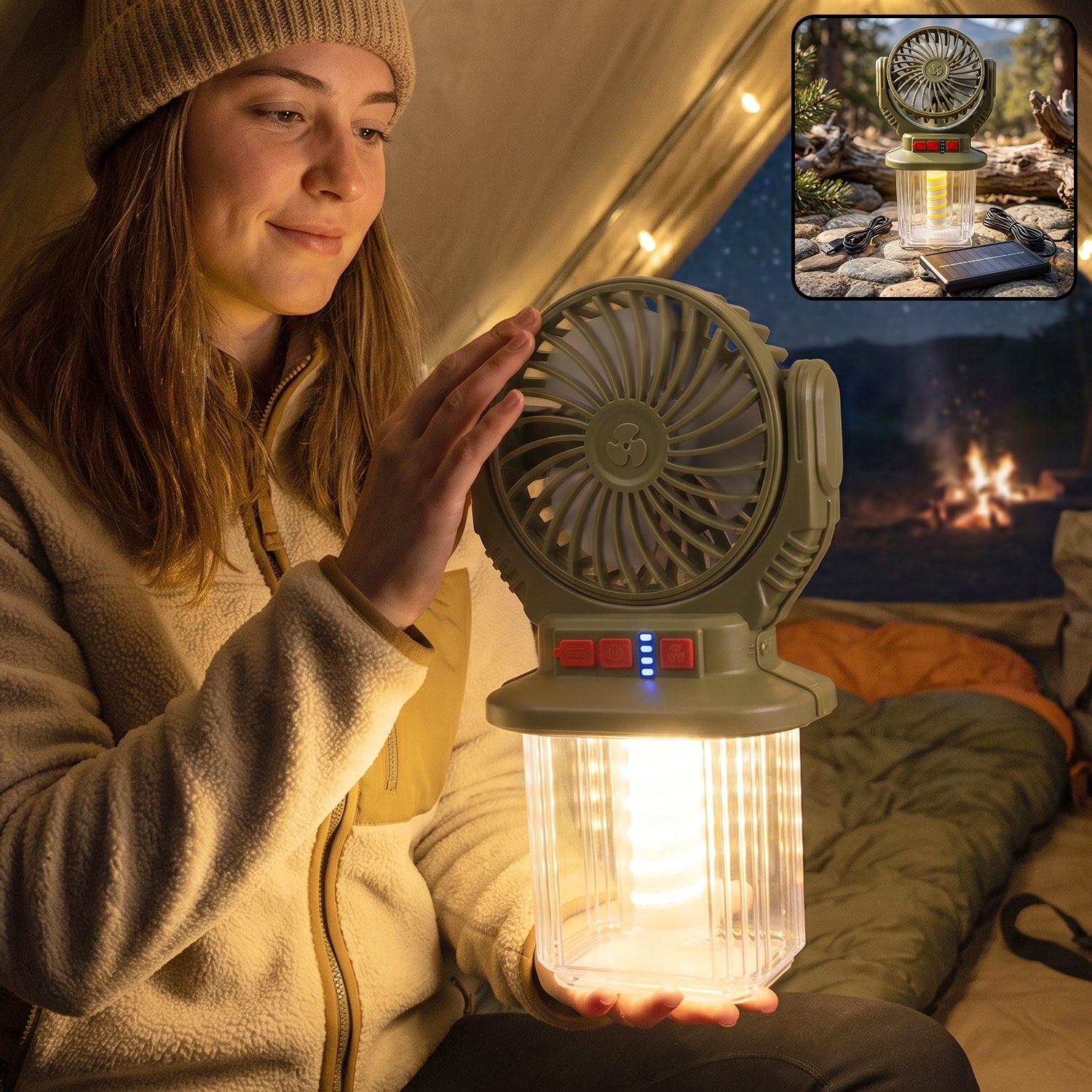 Wukusy 2-in-1 solar rechargeable camping fan with LED lantern, portable outdoor fan and light, shown with compact design and handle