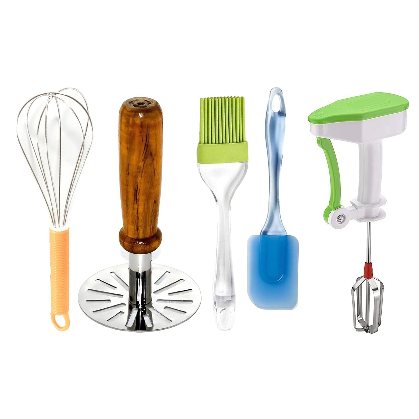 Set of Wukusy kitchen tools including a steel potato masher, manual whisk, spatula, pastry brush, and hand blender for cooking and baking.