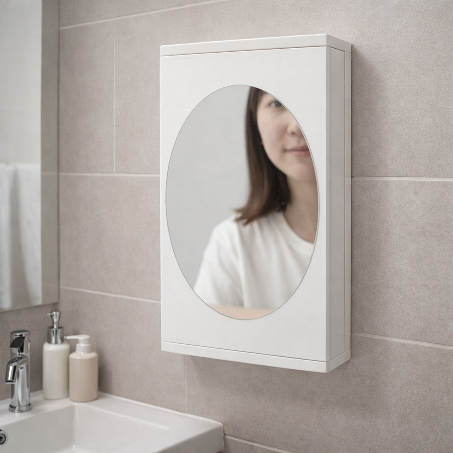 Wall-mounted rotating bathroom mirror cabinet by Wukusy, 22x42 cm, with reflective mirror surface and storage space.