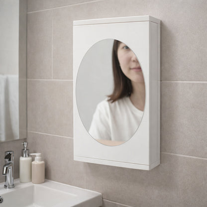 Wall-mounted rotating bathroom mirror cabinet by Wukusy, 22x42 cm, with reflective mirror surface and storage space.