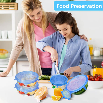Set of four reusable silicone stretch lids by Wukusy, flexible and airtight for food storage, shown covering bowls and containers.