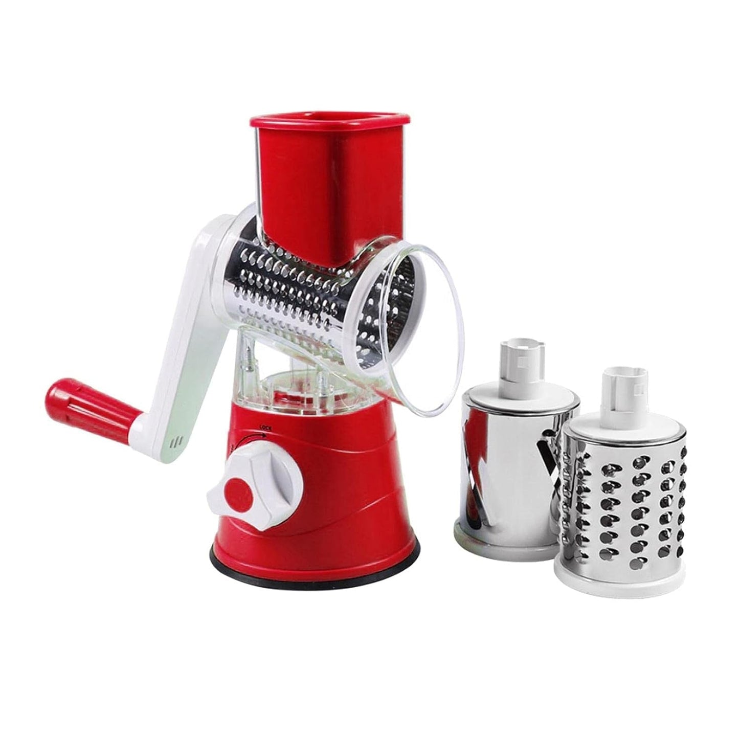 Wukusy manual rotary drum grater and slicer set with three stainless steel drums for vegetables and cheese.