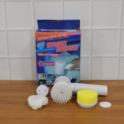 Wukusy B Grade 5-in-1 electric cleaning spin brush with multiple replaceable heads, shown with various brush attachments.