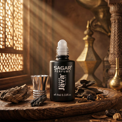 Wukusy Sagar Java Roll-on Attar perfume oil for men and women in 9.9 ml bottle showing the roll-on applicator and packaging