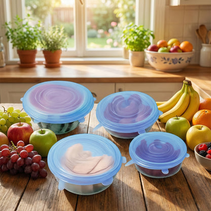 Set of four reusable silicone stretch lids from Wukusy, flexible covers for bowls and containers in various sizes.