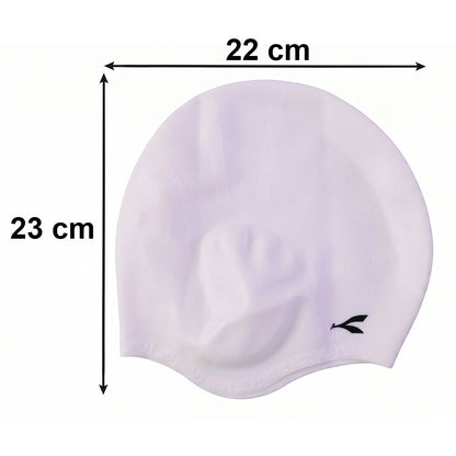 Wukusy Konex flexible silicone swimming cap for adults and kids, waterproof swim hat, shown in blue with smooth, snug fit design.
