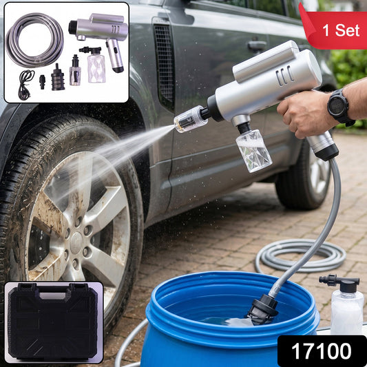 Wukusy cordless car washer gun kit with high pressure nozzle, hose, and foam attachment for portable car cleaning.