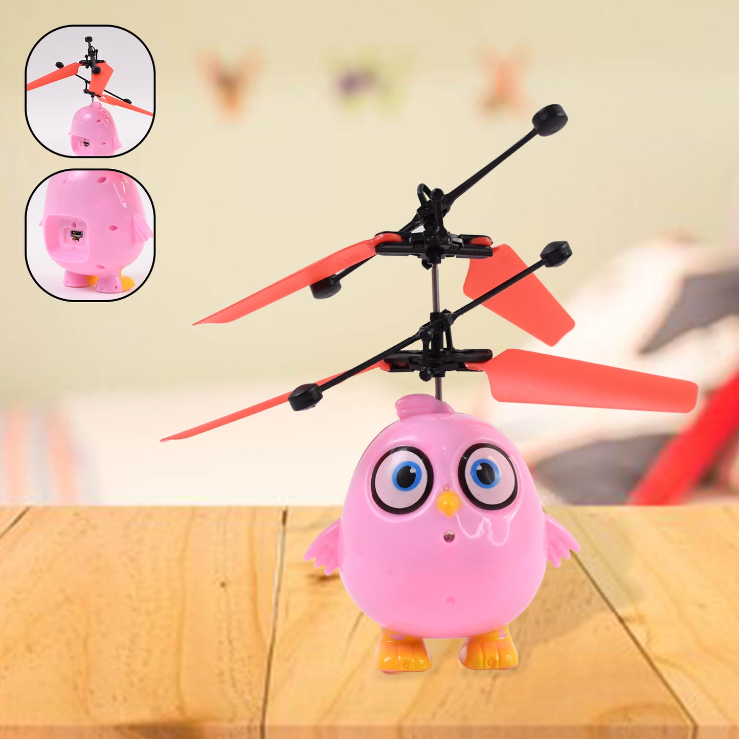 Pink owl RC toy flying bird with LED lights and remote control, designed for kids, by Wukusy.