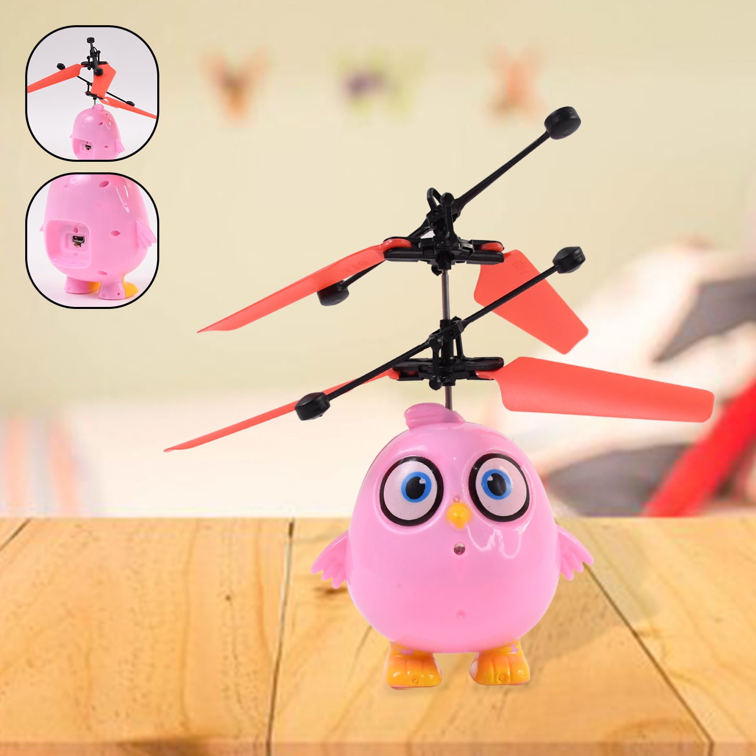 Pink owl RC toy flying bird with LED lights and remote control, designed for kids, by Wukusy.