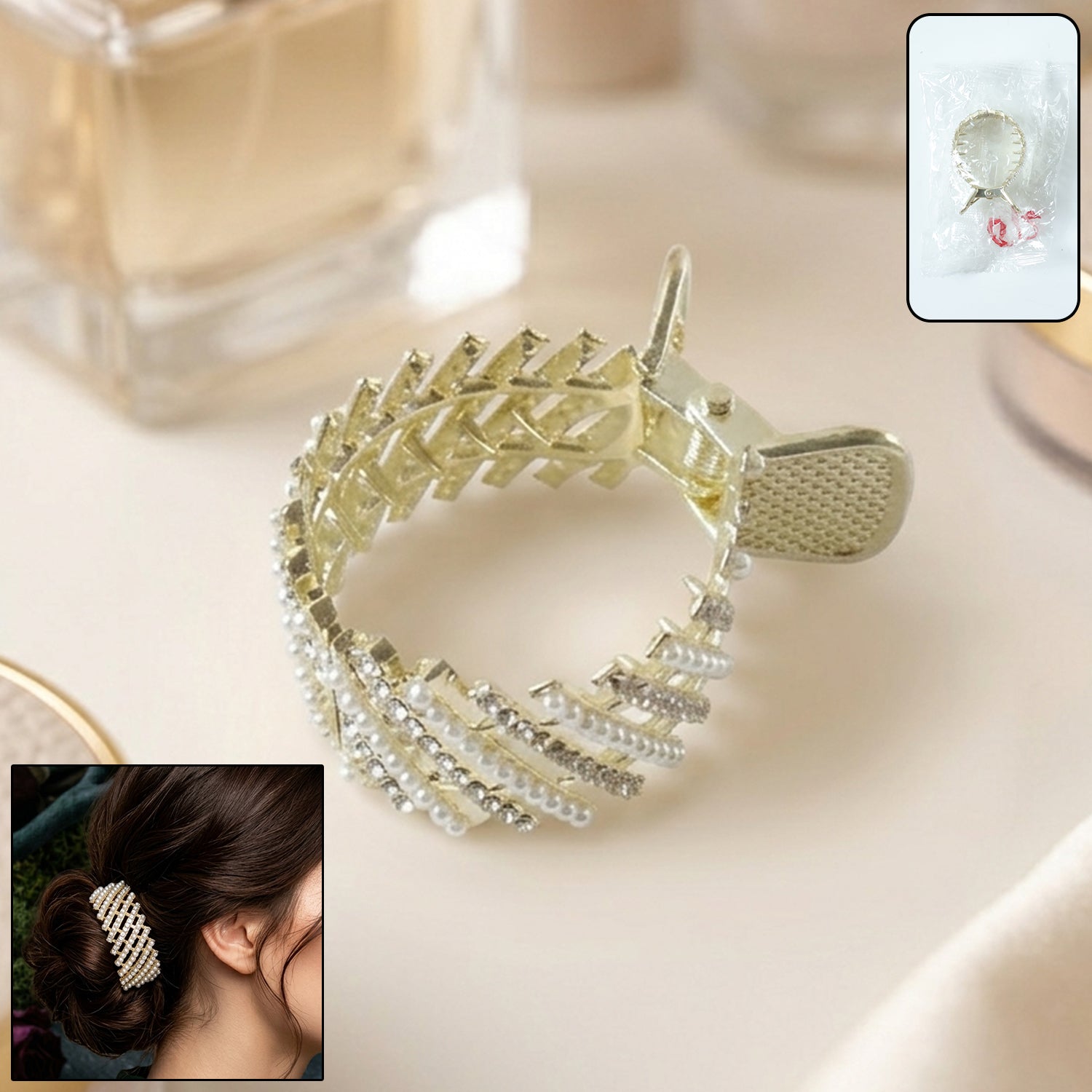 Wukusy premium metal hair claw clip adorned with pearl studs, showcasing a sleek, stylish hair accessory for secure hold