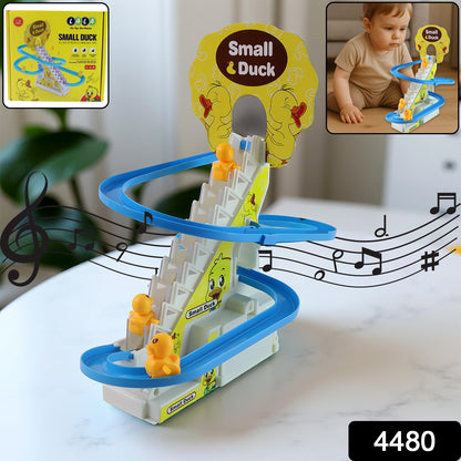 Wukusy Lala Small Duck Climb Stairs Toy Roller Coaster with flashing lights and music, featuring three colorful duck figures.