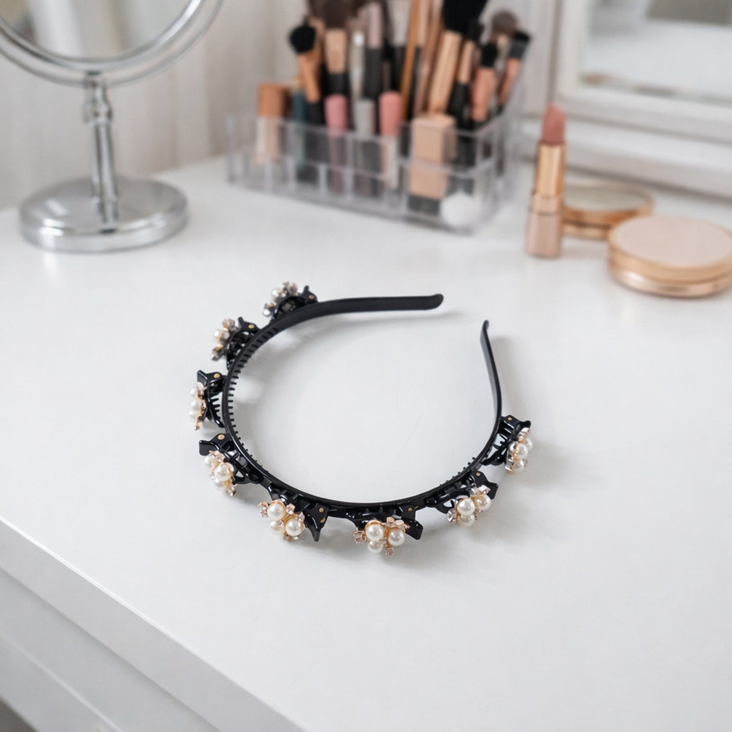 Wukusy floral hairband for girls and women with pearl embellishments, featuring a stylish, decorative floral design.