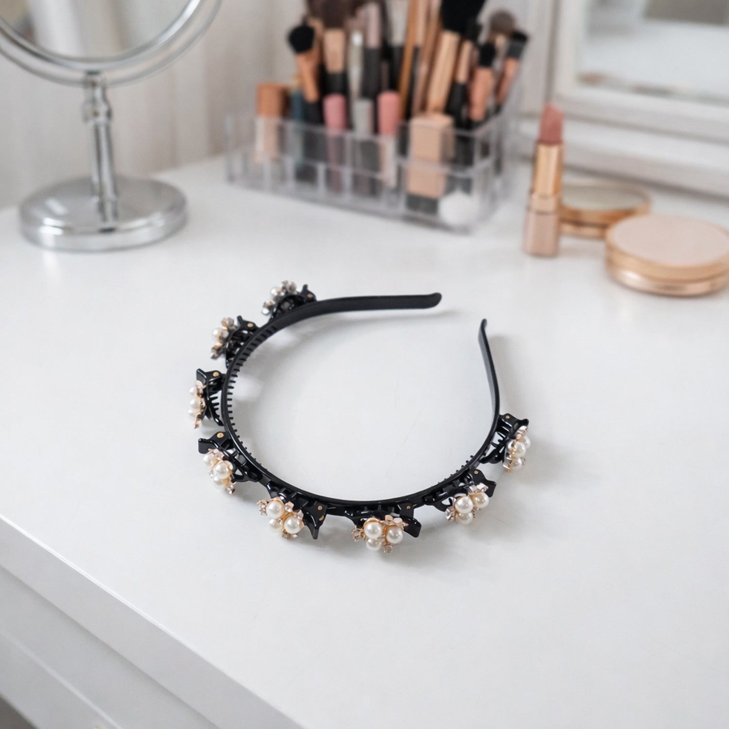 Wukusy floral hairband for girls and women with pearl embellishments, featuring a stylish, decorative floral design.