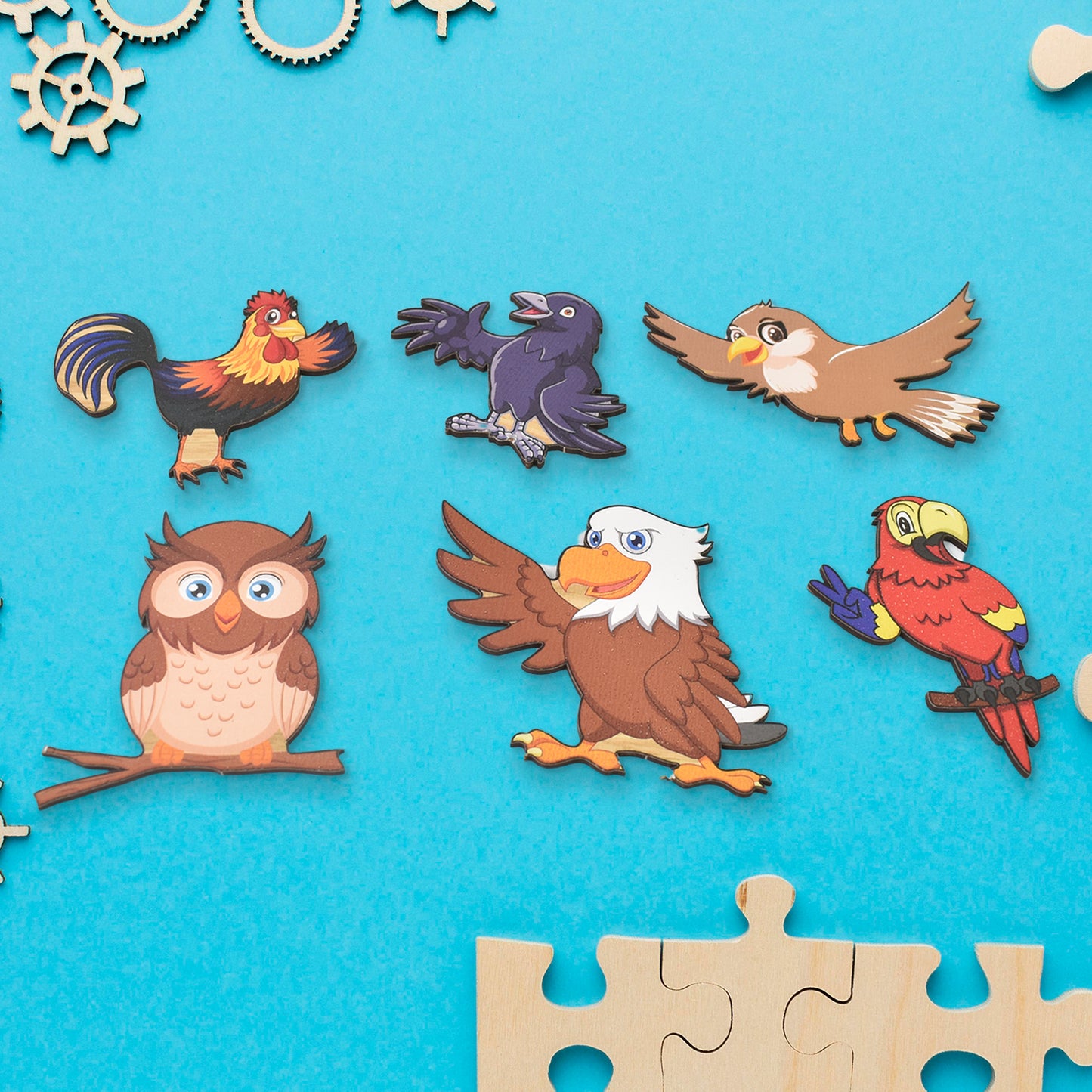 Wooden bird puzzle toy by Wukusy, educational learning board with colorful bird pieces for children’s developmental play.