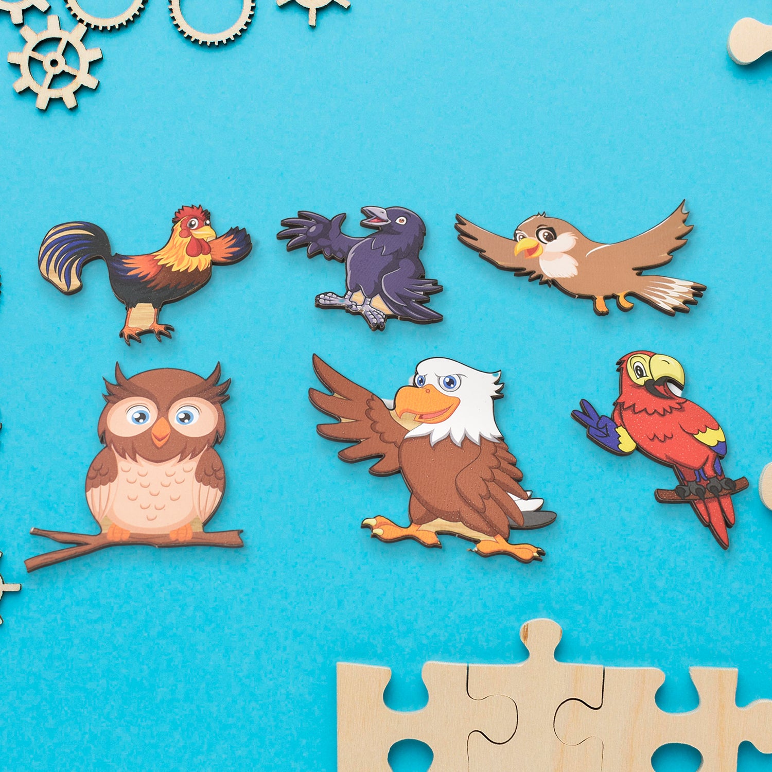 Wooden bird puzzle toy by Wukusy, educational learning board with colorful bird pieces for children’s developmental play.