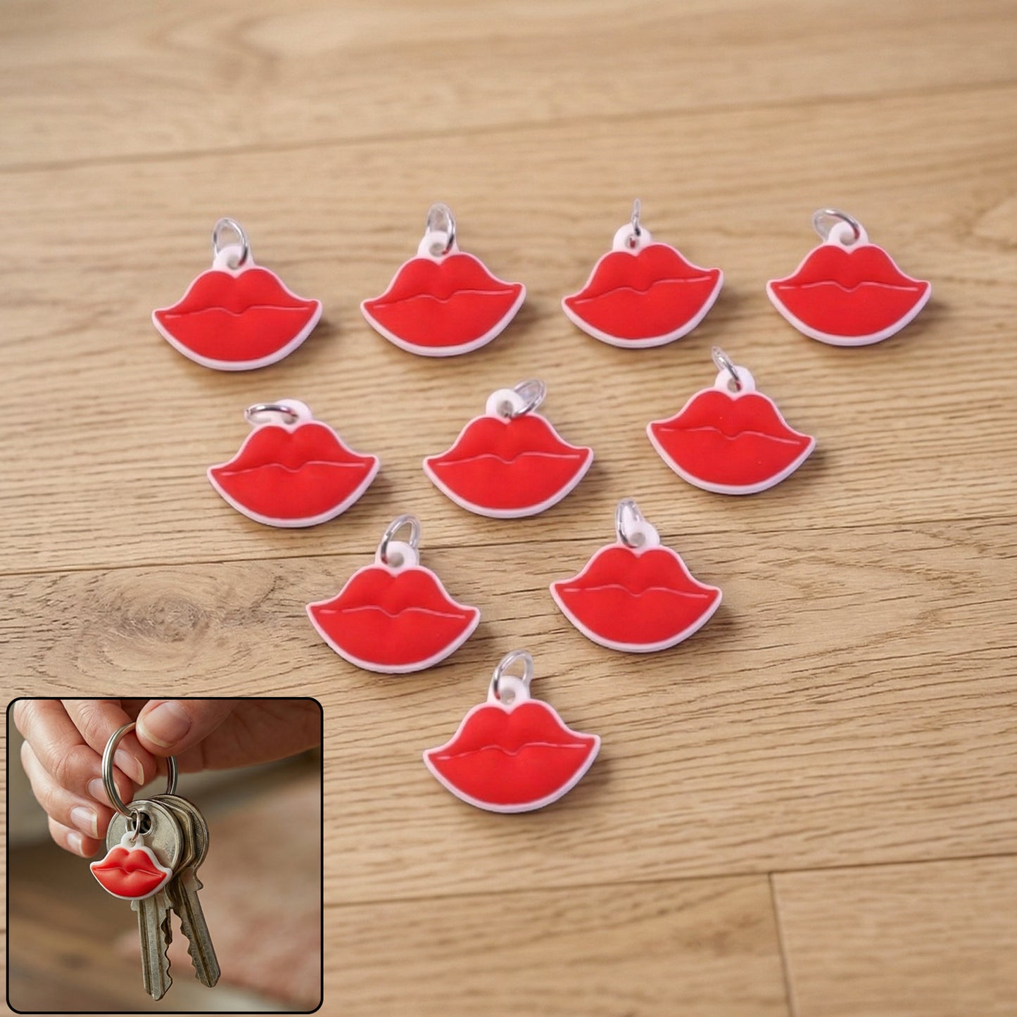 Set of seven Wukusy cute lips-shaped bag charm keychains in vibrant colors, perfect for decorating bags and keys.