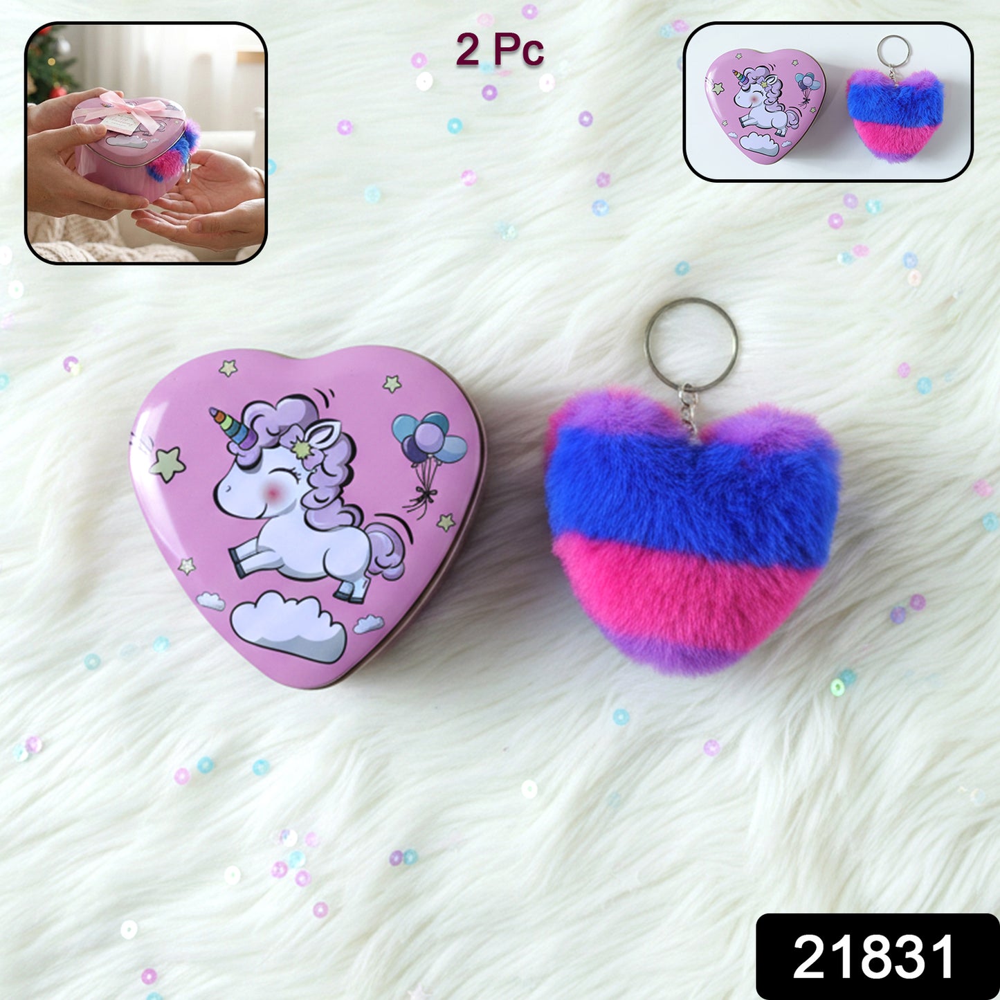 Two plush heart-shaped gift box keychains by Wukusy, featuring soft fabric and decorative hearts, perfect for gifts or accessories.