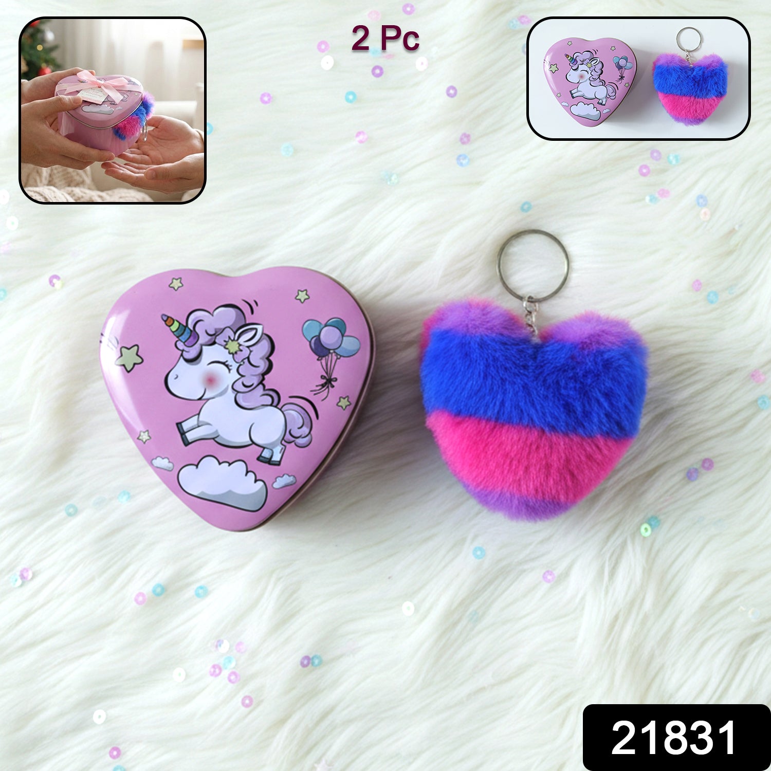 Two plush heart-shaped gift box keychains by Wukusy, featuring soft fabric and decorative hearts, perfect for gifts or accessories.