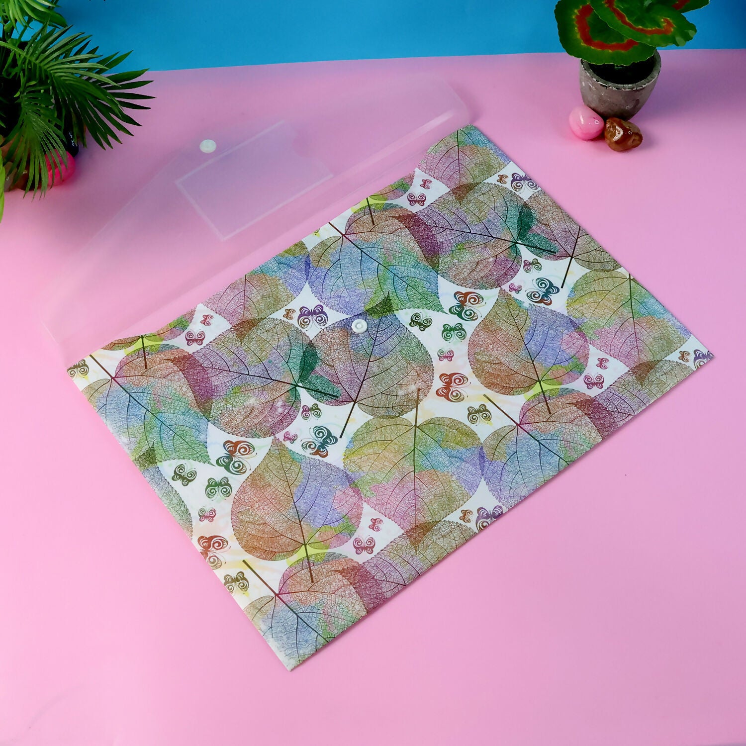 Wukusy printed A4 document folder with leaf design, button closure, and label slot for organized file storage.