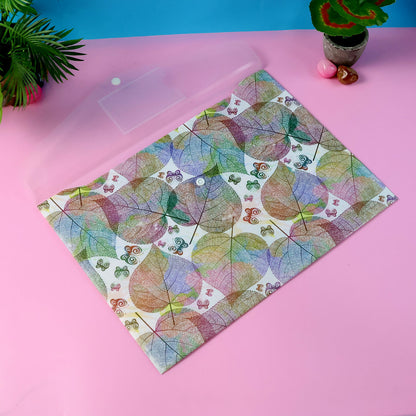 Wukusy printed A4 document folder with leaf design, button closure, and label slot for organized file storage.