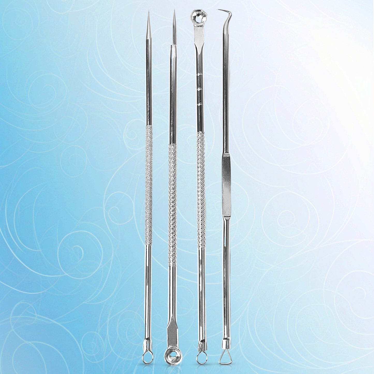 Wukusy 4-in-1 stainless steel blackhead remover and pimple extractor tool with multiple attachments for skin cleaning and acne extraction.