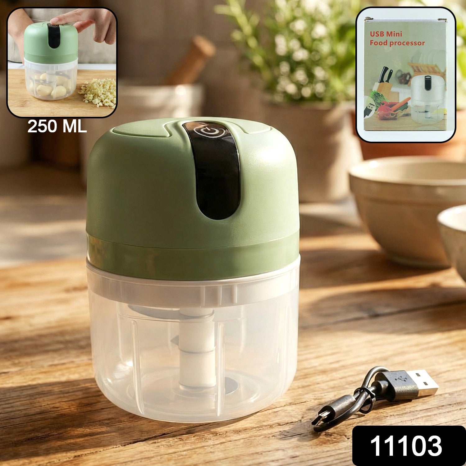 Wukusy Mini Electric Food Processor with 250ml capacity, vegetable and garlic chopper in compact design, suitable for quick food prep.
