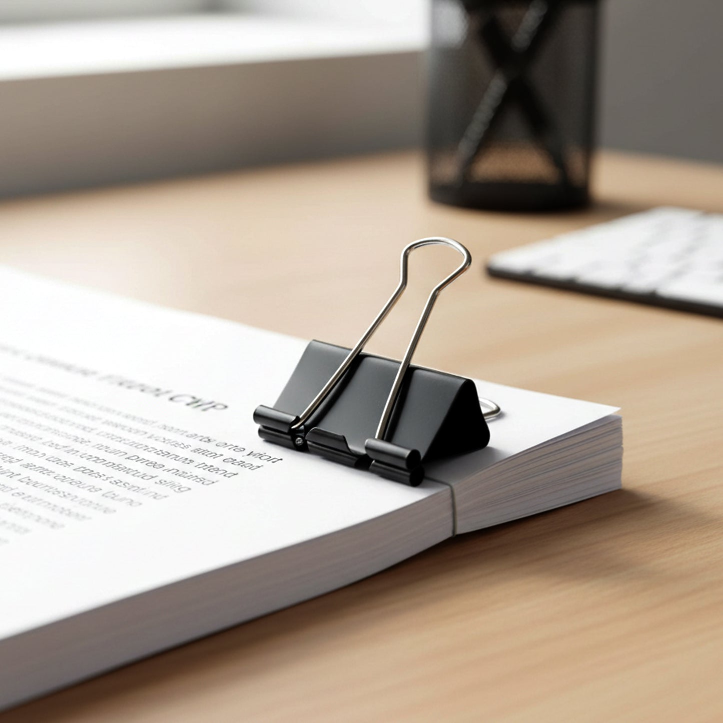 Set of 40 black heavy-duty binder clips, 19 mm size, by Wukusy, showing clips clipped onto papers for organization.