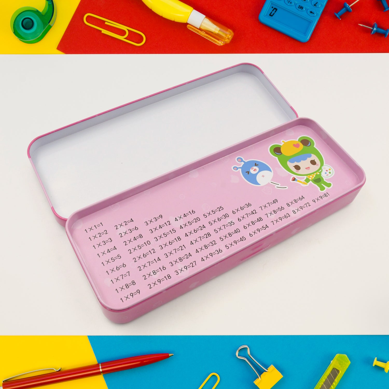 Wukusy 12-piece stationery set including pencil box, compass, eraser, scissors, ruler, pencils, diaries, bottle, and sharpener for kids.