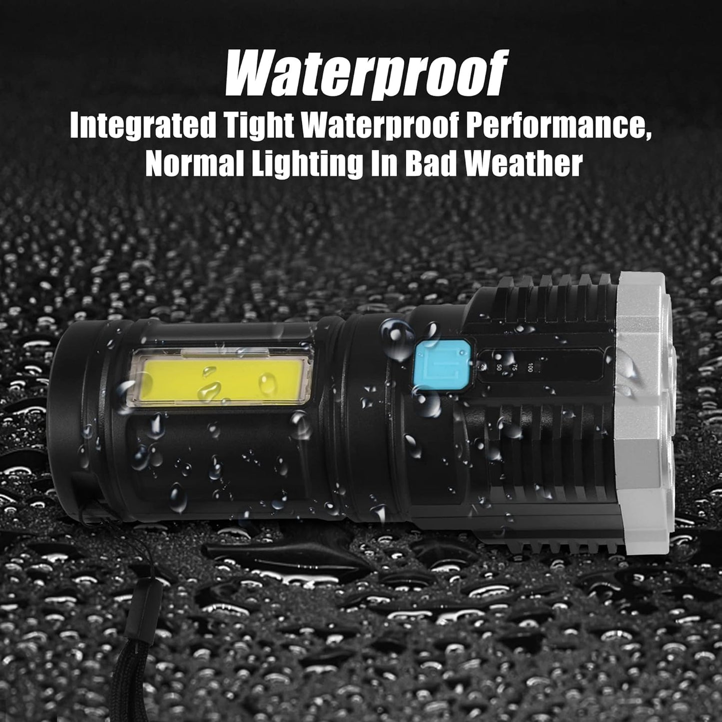 Wukusy 9370 multifunctional rechargeable LED torch light with 4 modes, long-distance beam, cob light, ideal for camping and hiking.
