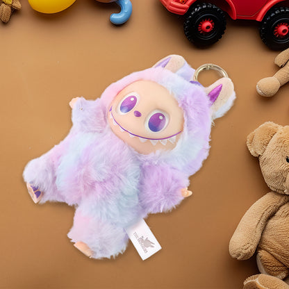 Colorful light purple plush cartoon keychain toy with hook, featuring soft plush material and playful design by Wukusy.