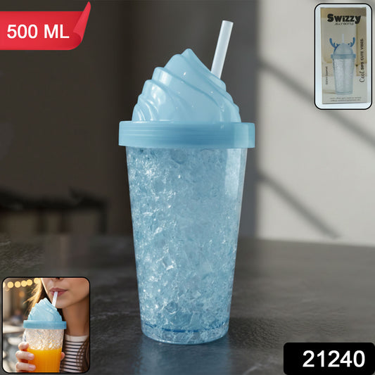 Wukusy cute ice cream swirl design 500ml tumbler sipper bottle, colorful and stylish for cold beverages, front view with lid.