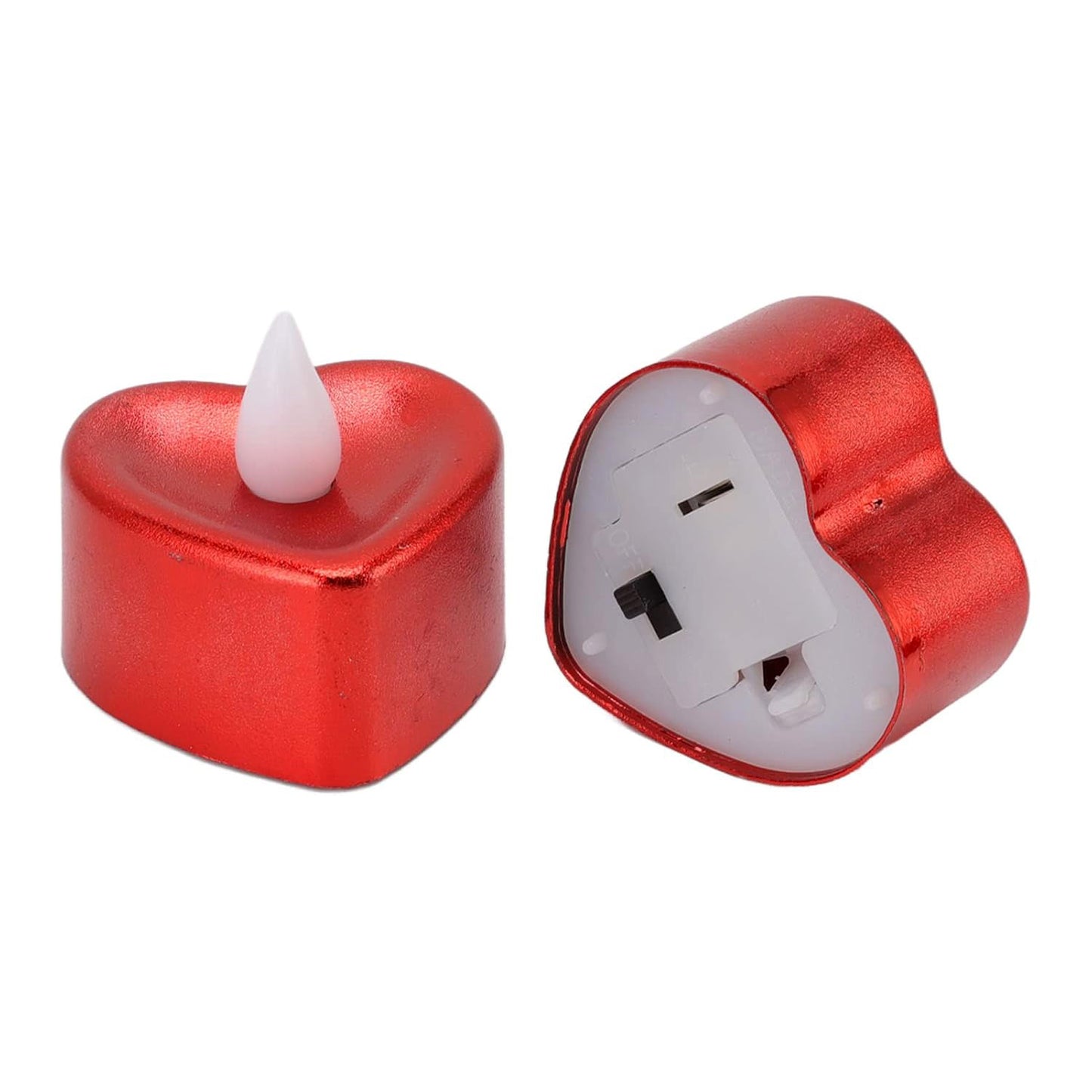 Set of 12 heart-shaped LED tea light candles in mixed colors, ideal for home decor, by Wukusy, with glowing, heart-shaped designs.