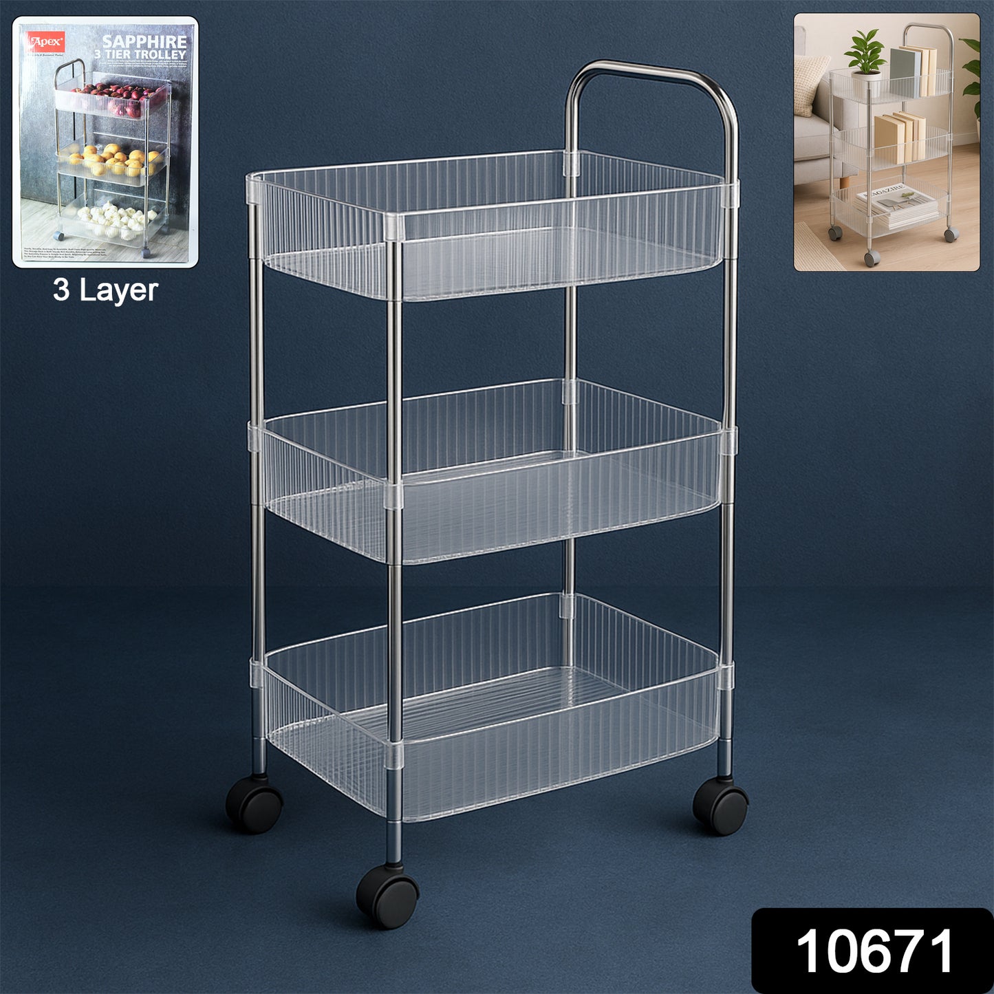 Wukusy Apex Sapphire 3-layer multipurpose storage trolley with wheels, featuring sturdy shelves and a compact design for versatile use.