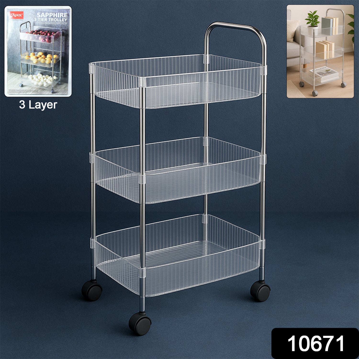 Wukusy Apex Sapphire 3-layer multipurpose storage trolley with wheels, featuring sturdy shelves and a compact design for versatile use.