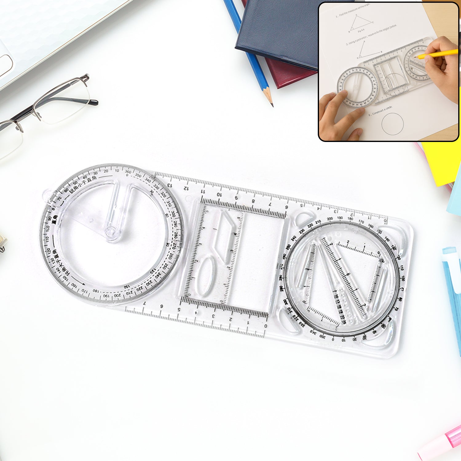 Wukusy multi-functional geometry drawing tool with rulers, compasses, and protractor for precise classroom or professional use.