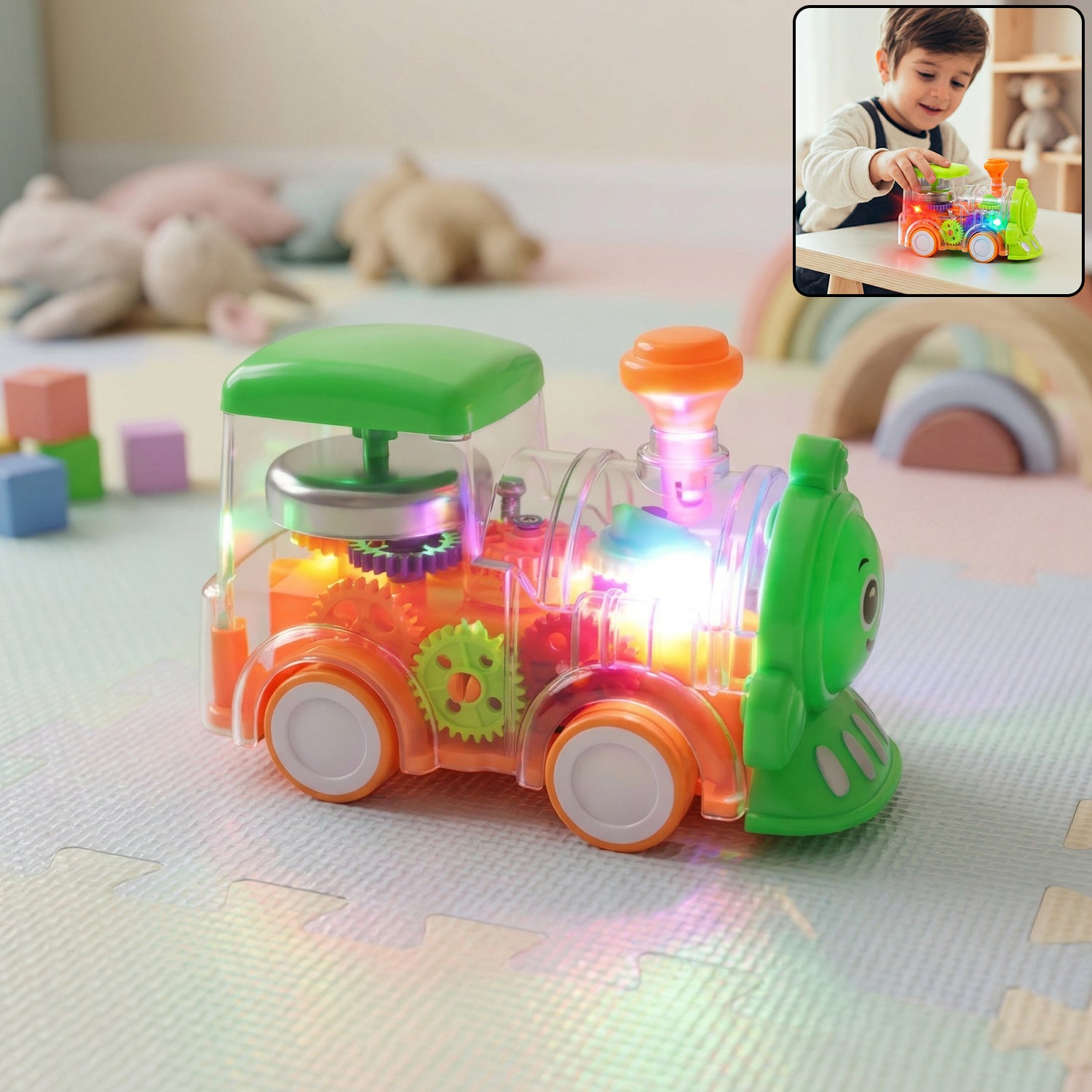 Kids musical light-up transparent train toy by Wukusy with colorful LED lights and a cheerful design for children.