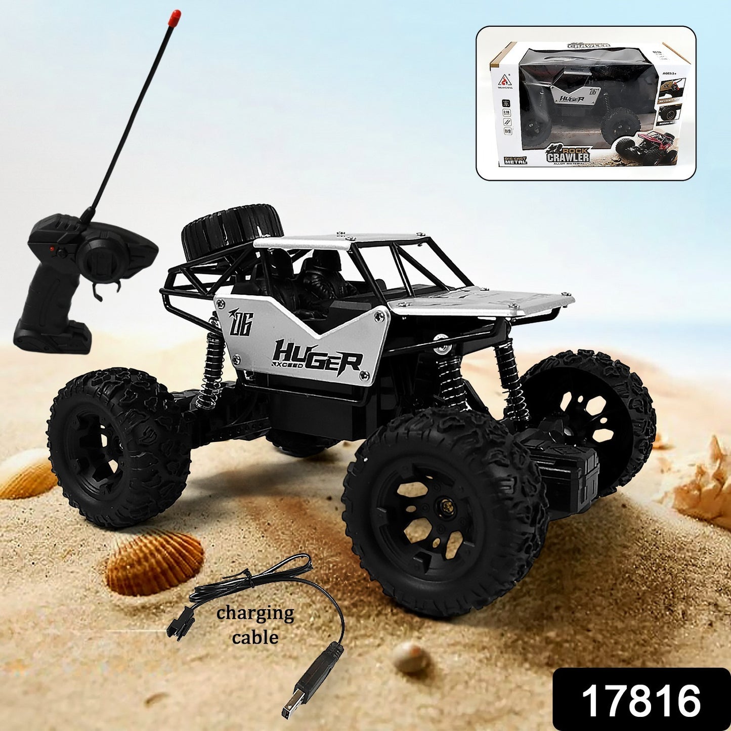 Wukusy 1:18 scale rock crawler monster RC truck performing stunts on outdoor terrain, rechargeable all-terrain toy car for kids