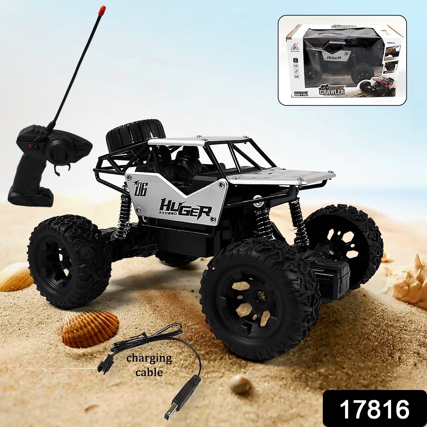 Wukusy 1:18 scale rock crawler monster RC truck performing stunts on outdoor terrain, rechargeable all-terrain toy car for kids