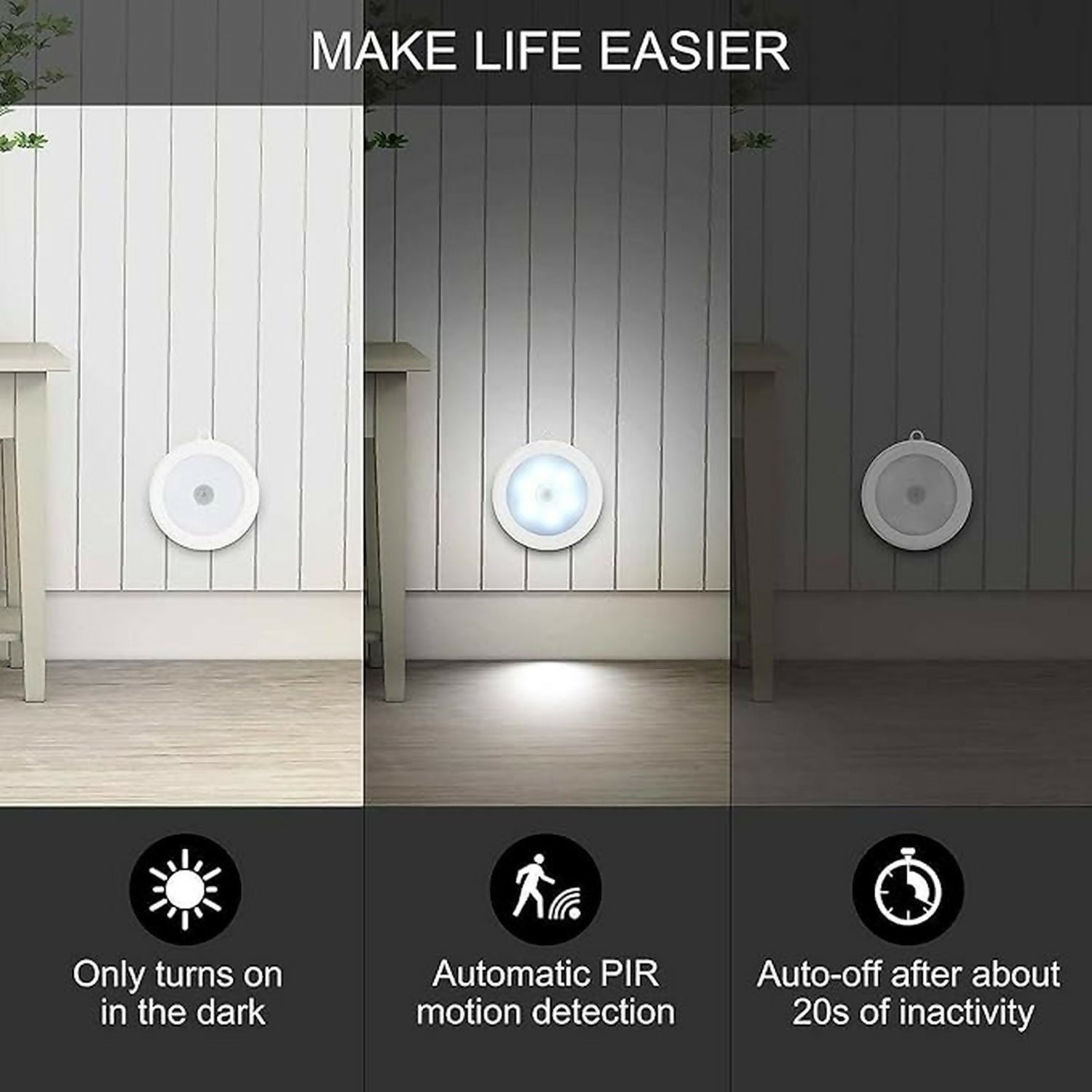 Wukusy rechargeable motion sensor LED night light with USB charging, showing compact design and sensor activation in a dark setting.