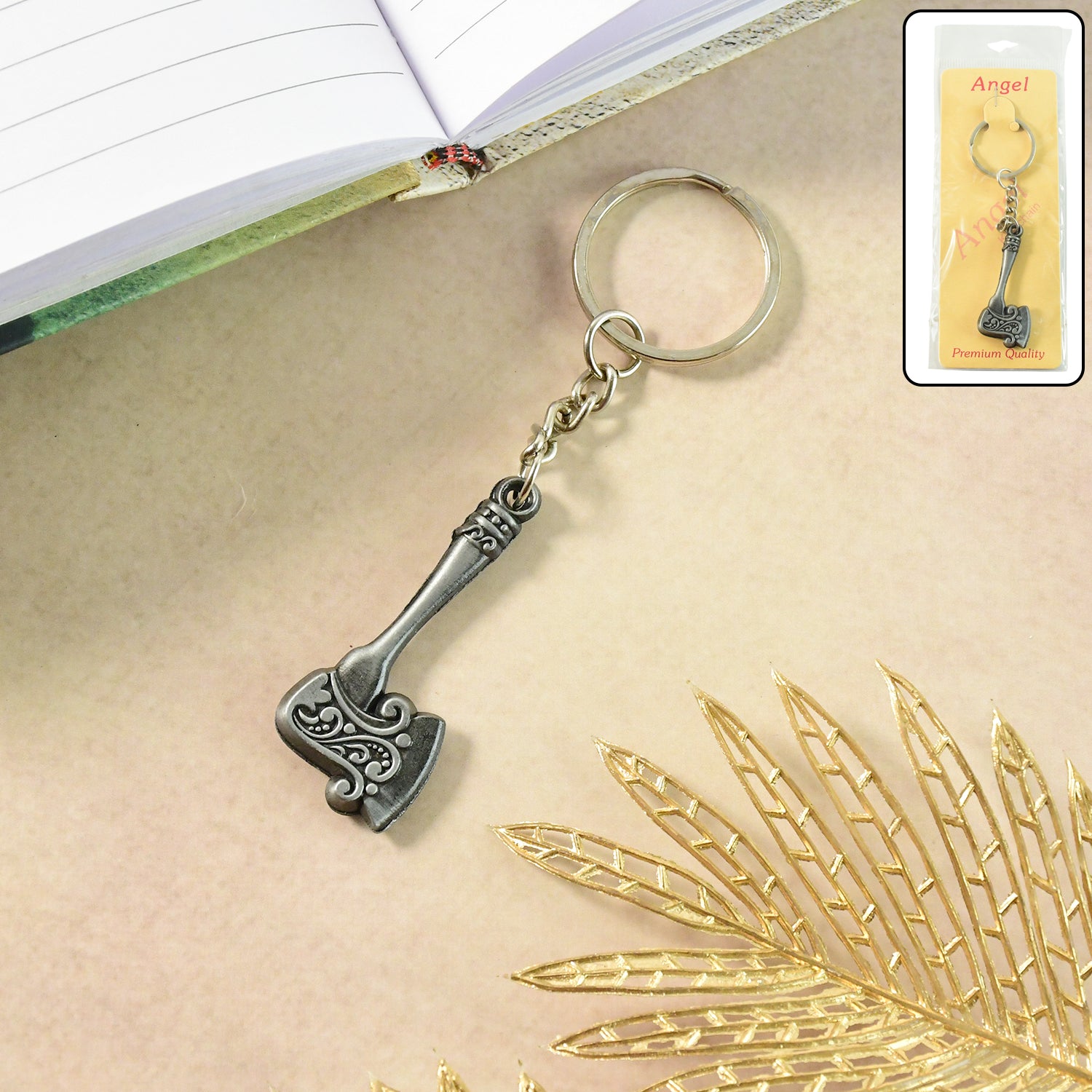 Wukusy stylish axe-shaped metal keychain on a keyring, featuring a sleek, polished axe design for everyday use.