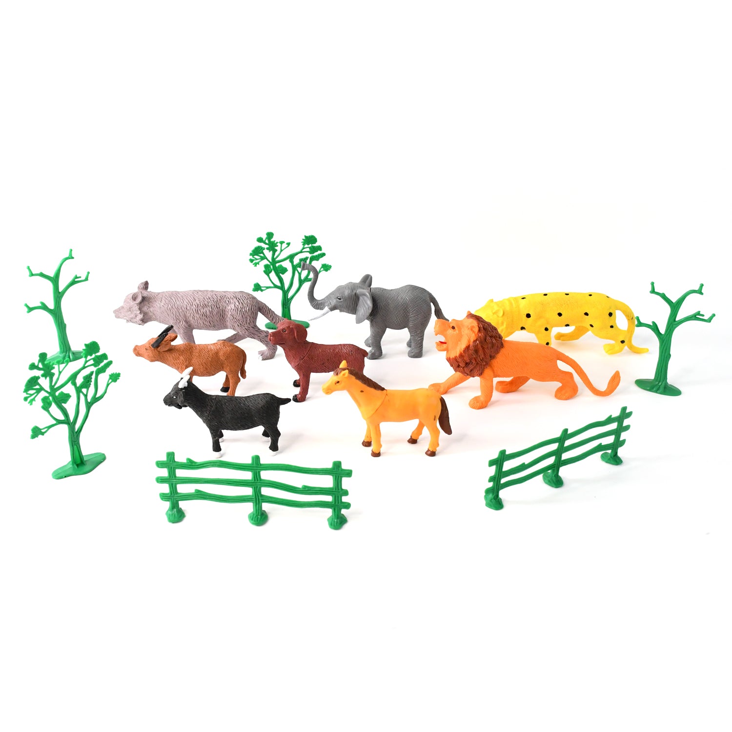 Wukusy Animal Kingdom plastic toy set for kids with 14 colorful animal figures and accessories on a white background.