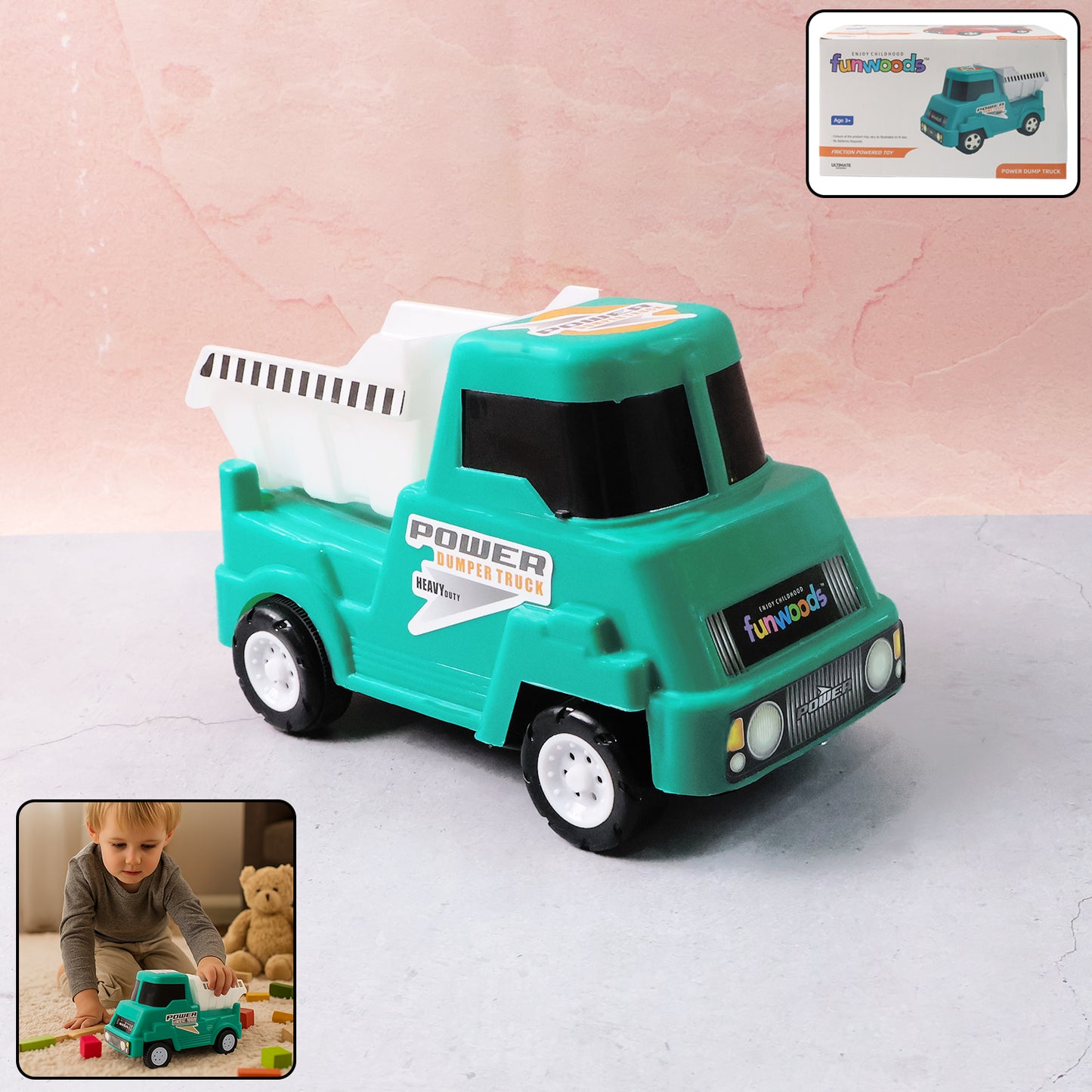 Wukusy Funwoods Kids Power Dumper Truck Toy showing a colorful plastic toy truck with a lifting dumper bed for children.