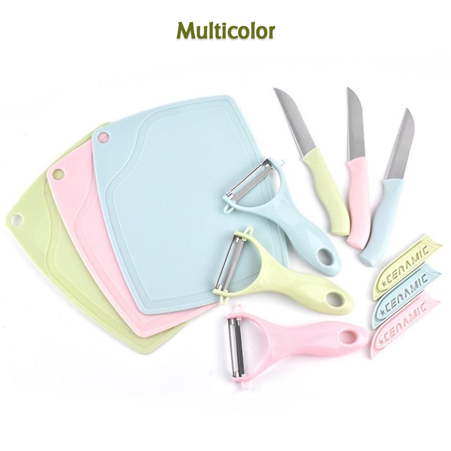 Green plastic kitchen peeler with stainless steel blade from Wukusy, shown alongside a 3-piece knife set in a home kitchen setting.
