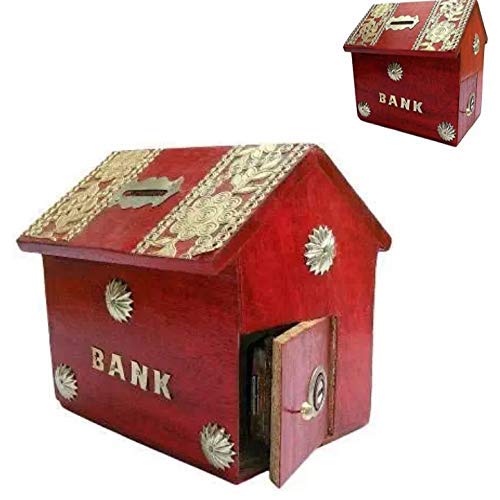 Red wooden money bank for kids by 828, coin saving gullak with a child-friendly design and secure slot for coins.