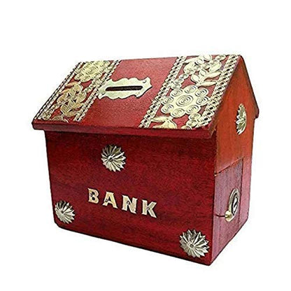 Red wooden money bank for kids by 828, coin-saving gullak with a classic design and secure slot for saving coins.