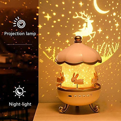 Wukusy Bunny Carousel Rotating LED Night Light as a charming home decor piece with bunny and carousel design in a cozy setting