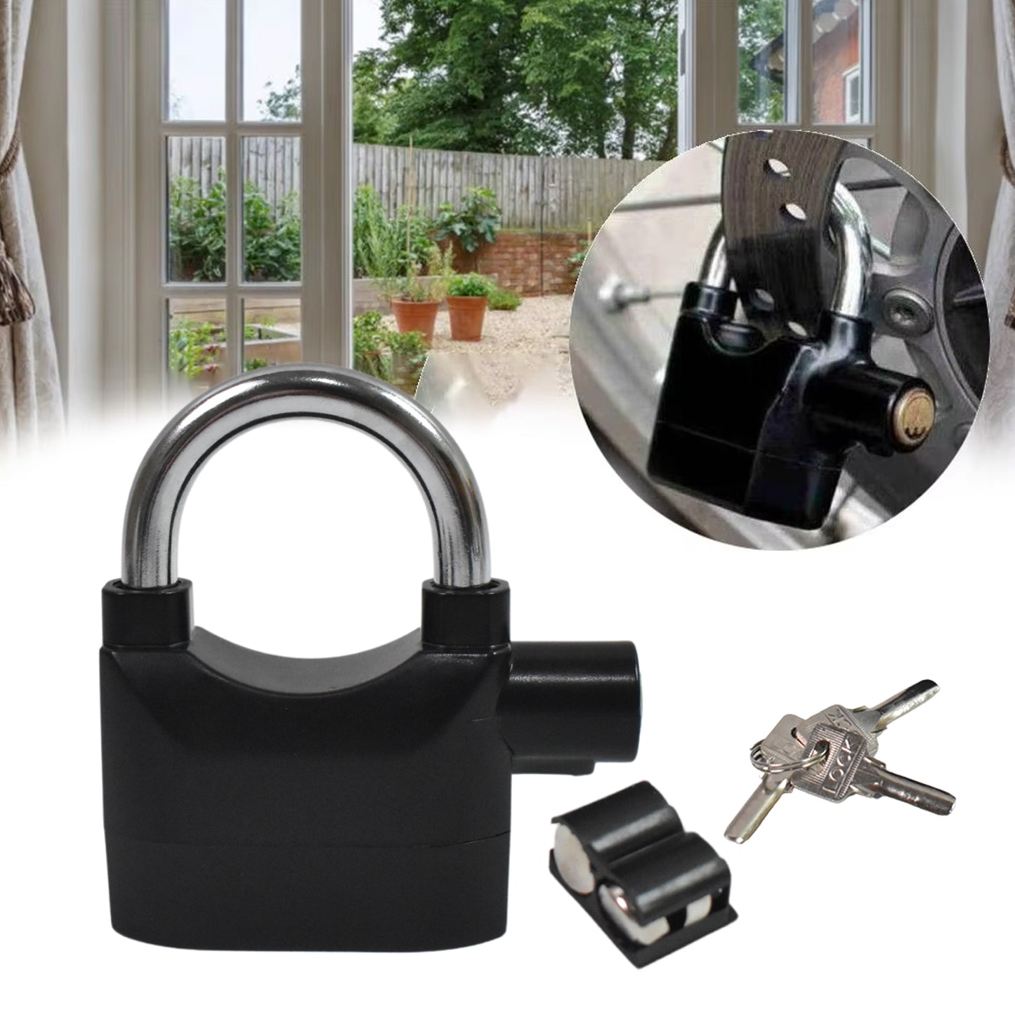 Wukusy plastic waterproof siren alarm lock with three keys, used for home security and improvement.